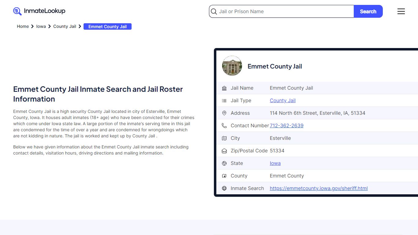 Emmet County Jail Inmate Search - Esterville Iowa - Inmate Lookup